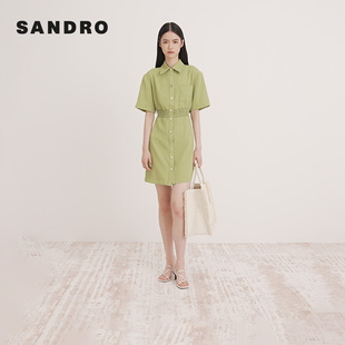 橄榄绿色衬衫 SANDRO 气质时尚 法式 领收腰连衣裙 Outlets春夏女装