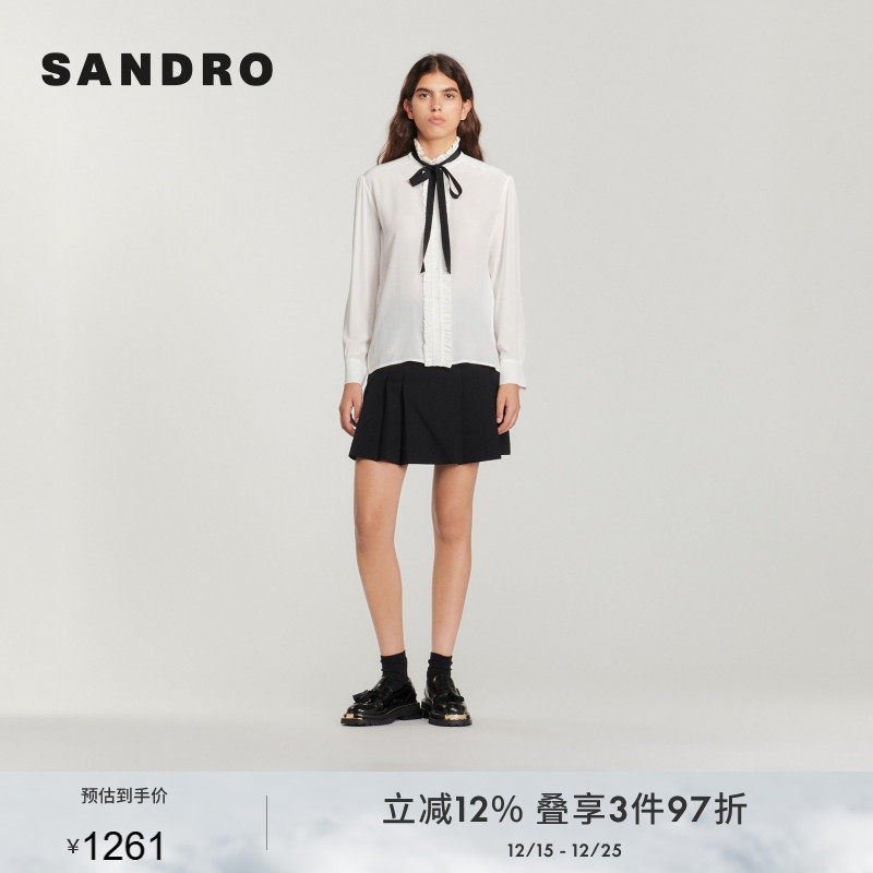 SANDRO Outlets秋冬女装法式时尚桑蚕丝休闲简约系带花边领衬衫