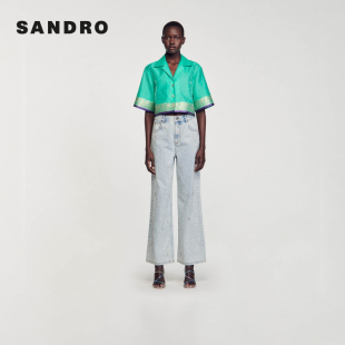 衬衫 SANDRO 薄荷曼波绿色撞色花边仿钻短款 法式 Outlets春夏女装