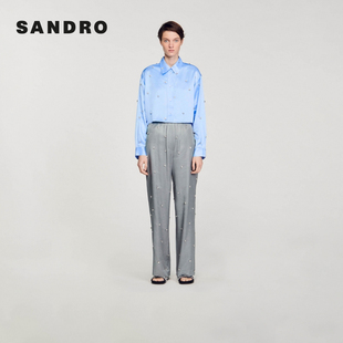 Outlets秋冬女装 衬衫 法式 天蓝色仿钻翻领长袖 上衣 优雅时尚 SANDRO