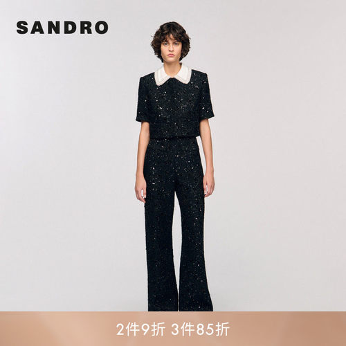 SANDRO Outlets女装法式时尚白色翻领设计细闪粗花呢短款上衣