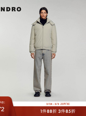SANDRO Outlets秋冬男装法式休闲灰色拉链休闲短款连帽棉服外套