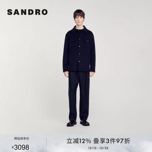 SANDRO Outlets秋冬男装法式时尚休闲绵羊毛深蓝色翻领毛呢外套