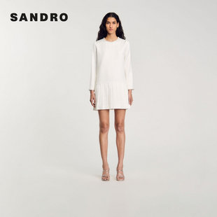Outlets秋季 优雅圆领仿钻百褶短款 款 气质法式 连衣裙 女装 SANDRO