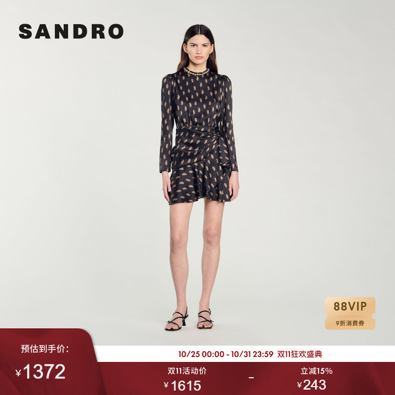 SANDRO Outlets秋冬女装法式优雅波点印花圆领钻饰收腰长袖连衣裙