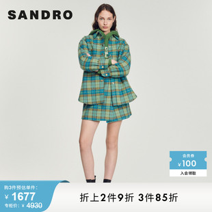 式 SANDRO Outlet女装 休闲蓝绿色格纹衬衫 羊毛毛呢外套SFPOU00479