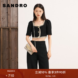 Outlets秋冬女装 饰短款 法式 撞色花边装 针织外套上衣 时尚 SANDRO