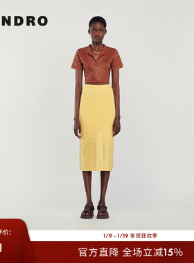 SANDRO Outlets秋冬女装法式时尚气质黄色仿钻直筒长款包臀半身裙