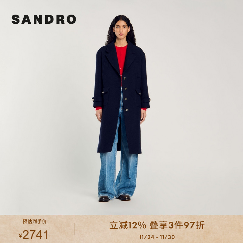 SANDRO Outlets秋冬女装法式高知风通勤毛呢深蓝色中长款大衣外套