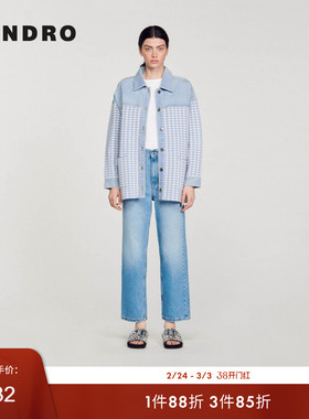 SANDRO Outlets秋冬女装休闲千鸟格纹丹宁蓝色直筒针织拼接外套