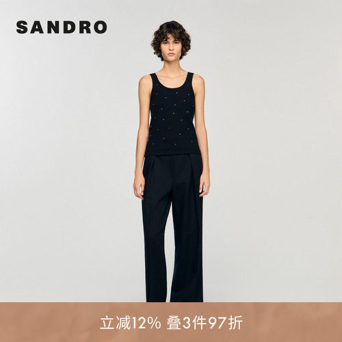 SANDRO Outlets女装法式时尚简约仿钻饰点缀短款针织吊带背心