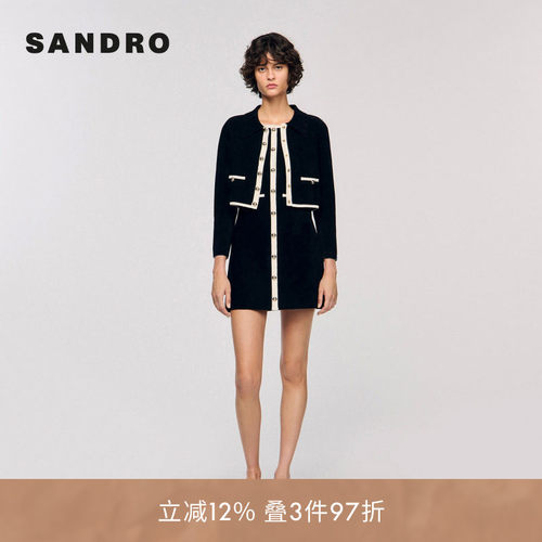 SANDRO Outlets女装法式时尚黑色饰边翻领撞色竖排扣短款针织开衫