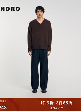SANDRO Outlets秋冬男装休闲复古羊毛混纺棕黄色套头V领针织毛衣