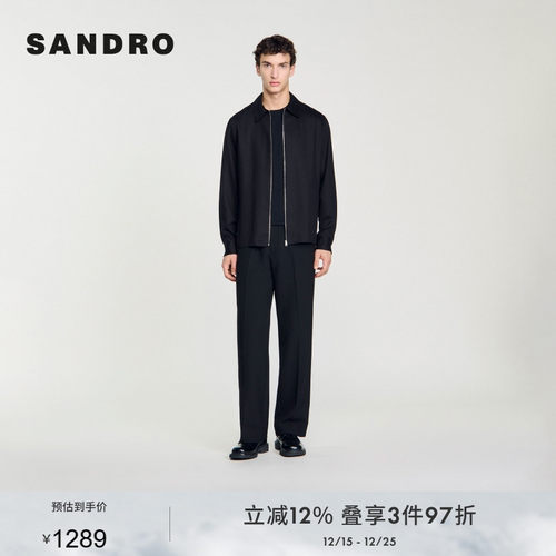 SANDRO Outlets秋冬男装法式休闲简约黑色短款商务拉链翻领夹克