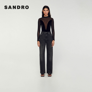 复古丹宁黑色仿钻设计高腰直筒牛仔裤 法式 Outlets秋冬女装 SANDRO