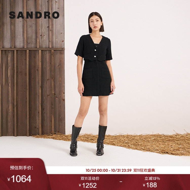 SANDRO法式V领黑色连衣裙