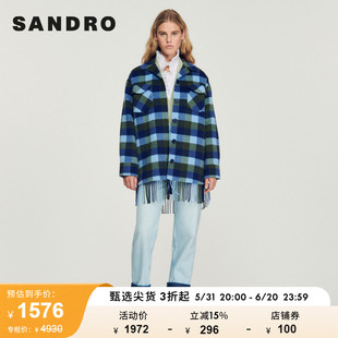 SANDRO Outlet女装蓝色格纹休闲中长款衬衫式毛呢外套SFPOU00431