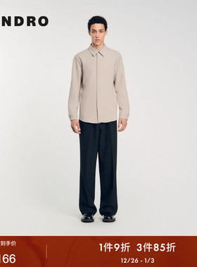 SANDRO Outlets秋冬男装法式简约时尚通勤淡灰色按扣门襟翻领衬衫