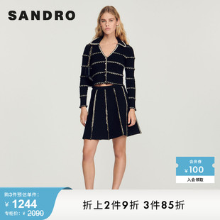 翻领条纹黑色短款 SANDRO 法式 上衣SFPCA00632 Outlet女装 针织开衫