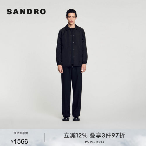 SANDRO Outlets秋冬男装法式休闲通勤黑色抽绳翻领长袖夹克外套