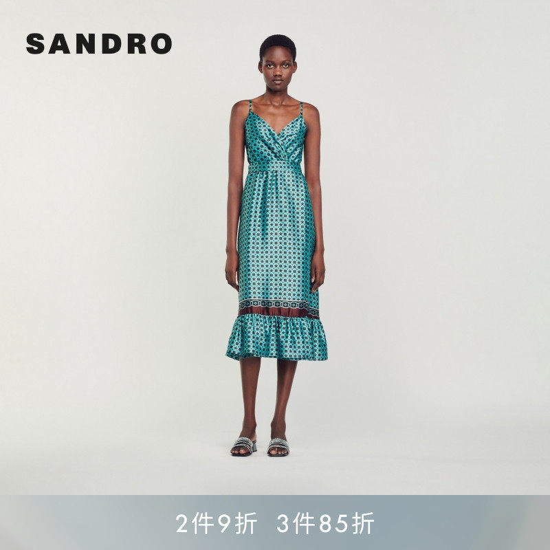 SANDRO Outlets秋冬女装薄荷曼波性感星星印花绿色收腰吊带连衣裙