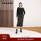 Outlets秋冬女装 法式 简约黑色仿钻经典 SANDRO 翻领短款 针织上衣