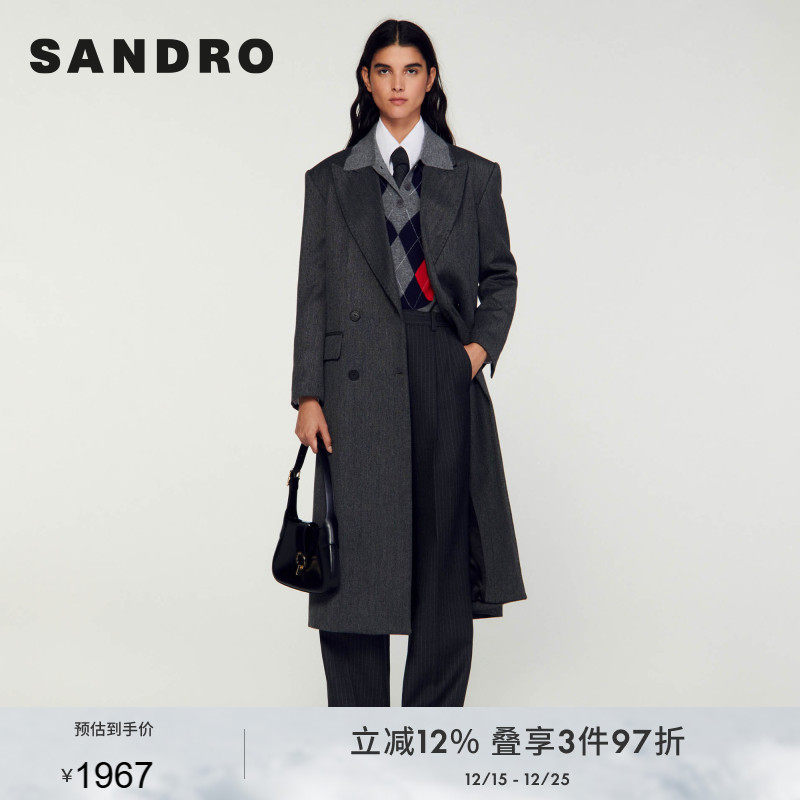 SANDRO双排扣长款毛呢外套