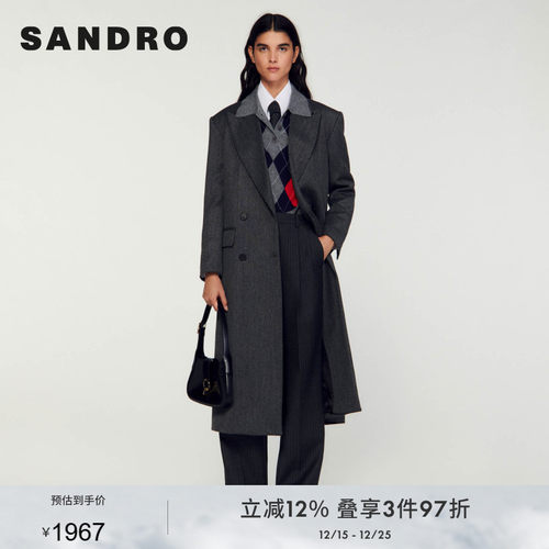 SANDRO双排扣长款毛呢外套