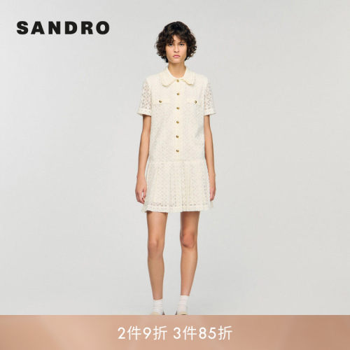 SANDRO Outlets女装法式时尚气质小花边娃娃领百褶短袖连衣裙