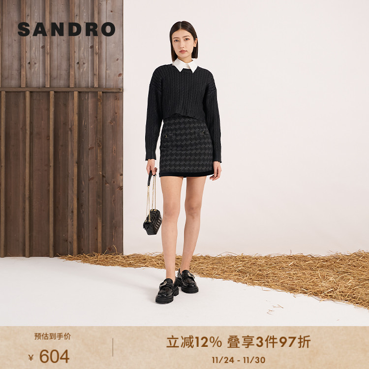 SANDRO短款圆领黑色毛衣针织