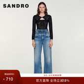 时尚 SANDROOutlets秋冬女装 法式 气质黑色花卉蕾丝镂空打底连体衣
