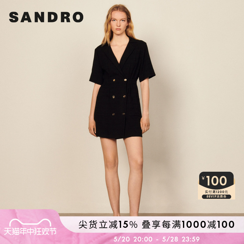 SANDRO Outlet女装春季法式西装领双排扣短袖连衣裙SFPRO01694