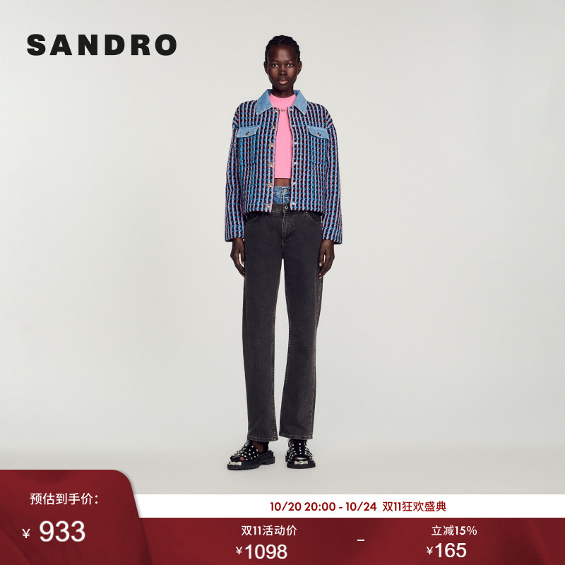 SANDRO Outlets秋冬女装法式混色花呢格纹拼接短款夹克外套上衣