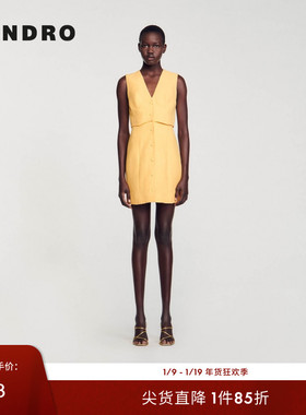 SANDRO Outlets春夏女装法式简约黄色经典V领A字无袖短款连衣裙