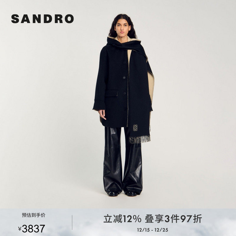 SANDRO Outlets秋冬女装法式绵羊毛黑色围巾领连帽毛呢大衣外套