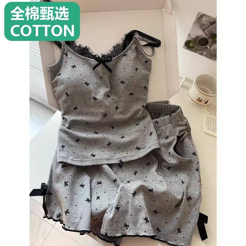 全棉母婴性感纯欲风睡衣女夏季蕾丝花边吊带短裤套装家居服高级感,女装/女士精品,大码套装,淘宝优惠券,粉丝福利购,淘宝优惠卷