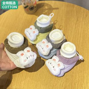 全纯棉婴儿鞋袜子秋冬季女宝宝兔子步前鞋加绒6到12个月0-1岁软底