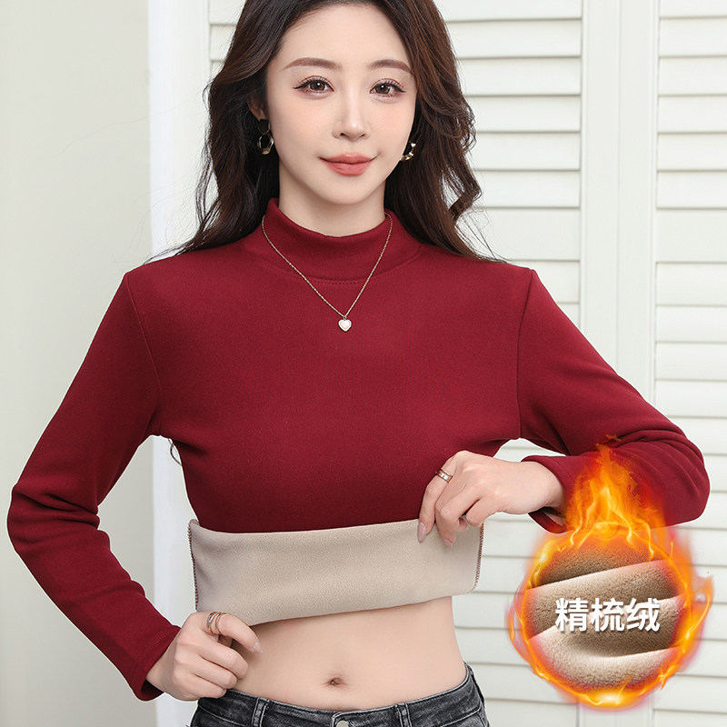 加绒加厚半高领保暖打底衫女