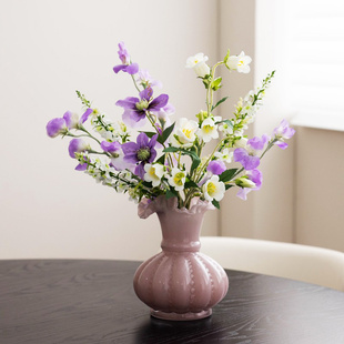 勺勺餐桌花艺摆件圆桌风铃假花仿真高级绢花香豌豆紫色重瓣百合