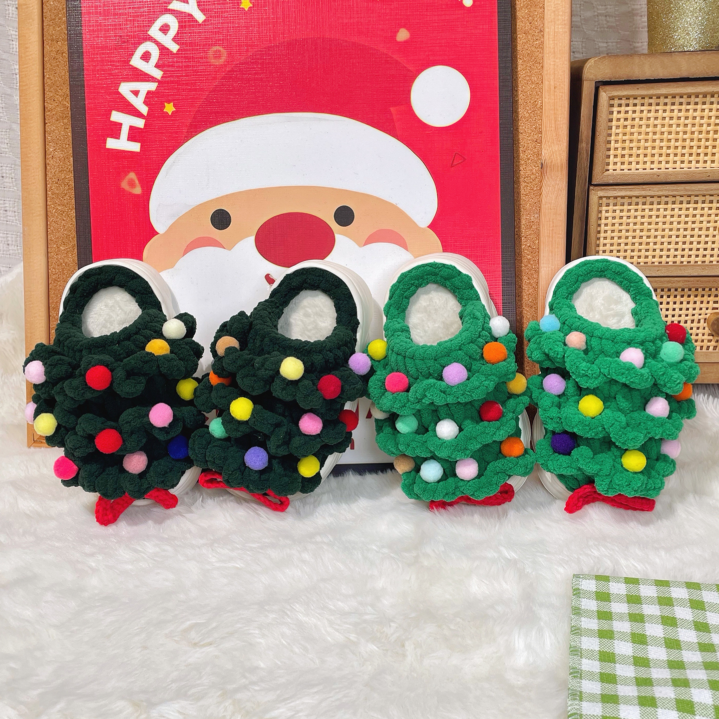 原创圣诞树儿童手工编织毛线拖鞋材料包