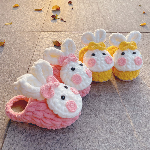 原创兔兔手工编织儿童毛线拖鞋