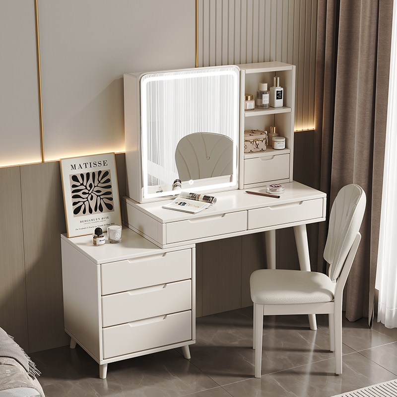 奶油风实木梳妆台新款智能镜化妆桌卧室现代简约收纳柜一体化妆台