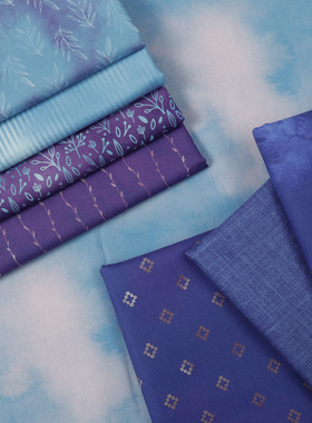 川水品牌 纯棉布料蓝紫色系渐变晕染条纹花枝手工拼布娃衣布组DIY