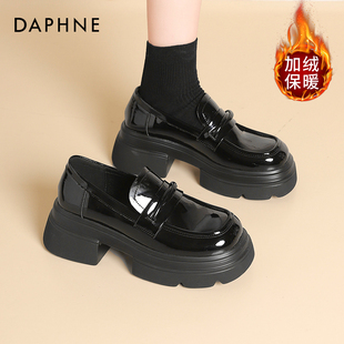 达芙妮加绒厚底乐福鞋女2025新款单鞋子女鞋冬季英伦风黑色小皮鞋
