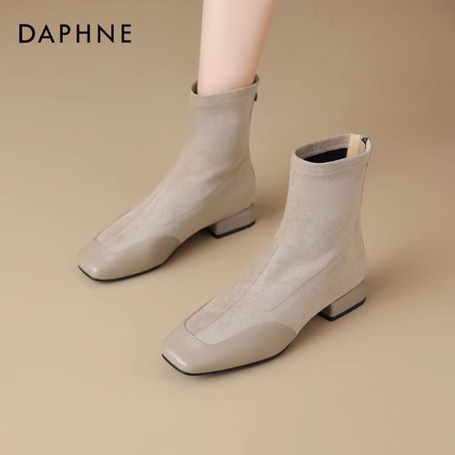 达芙妮裸色短靴女方头瘦瘦靴绒面