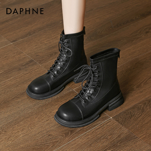 夏2025新款 达芙妮黑色厚底马丁靴女款 英伦风增高全皮酷飒中筒短靴