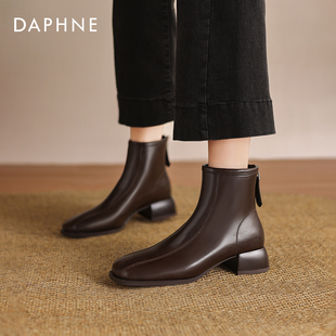 达芙妮棕色短靴子女2025新款秋冬粗跟方头瘦瘦靴切尔西加绒马丁靴
