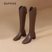 达芙妮长筒靴骑士靴2022款 秋冬尖头V口长靴高筒棕色加绒靴子女