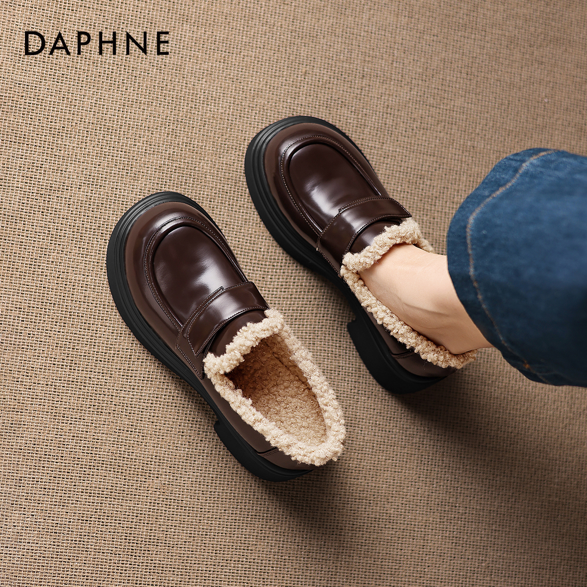 复古棕色加绒乐福鞋英伦风小皮鞋