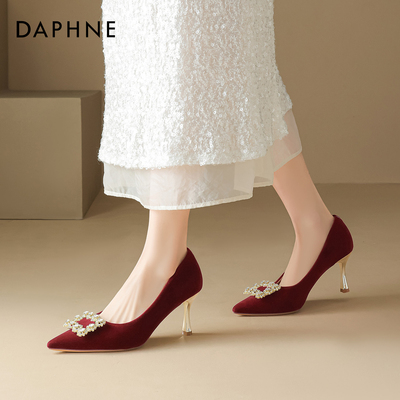 达芙妮红色尖头高跟鞋不累脚婚鞋